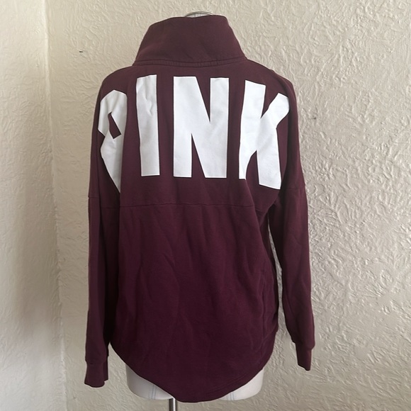 Victoria’s Secret Pink Burgundy Maroon White Logo Quarter Zip Sweatshirt Large - Picture 1 of 9